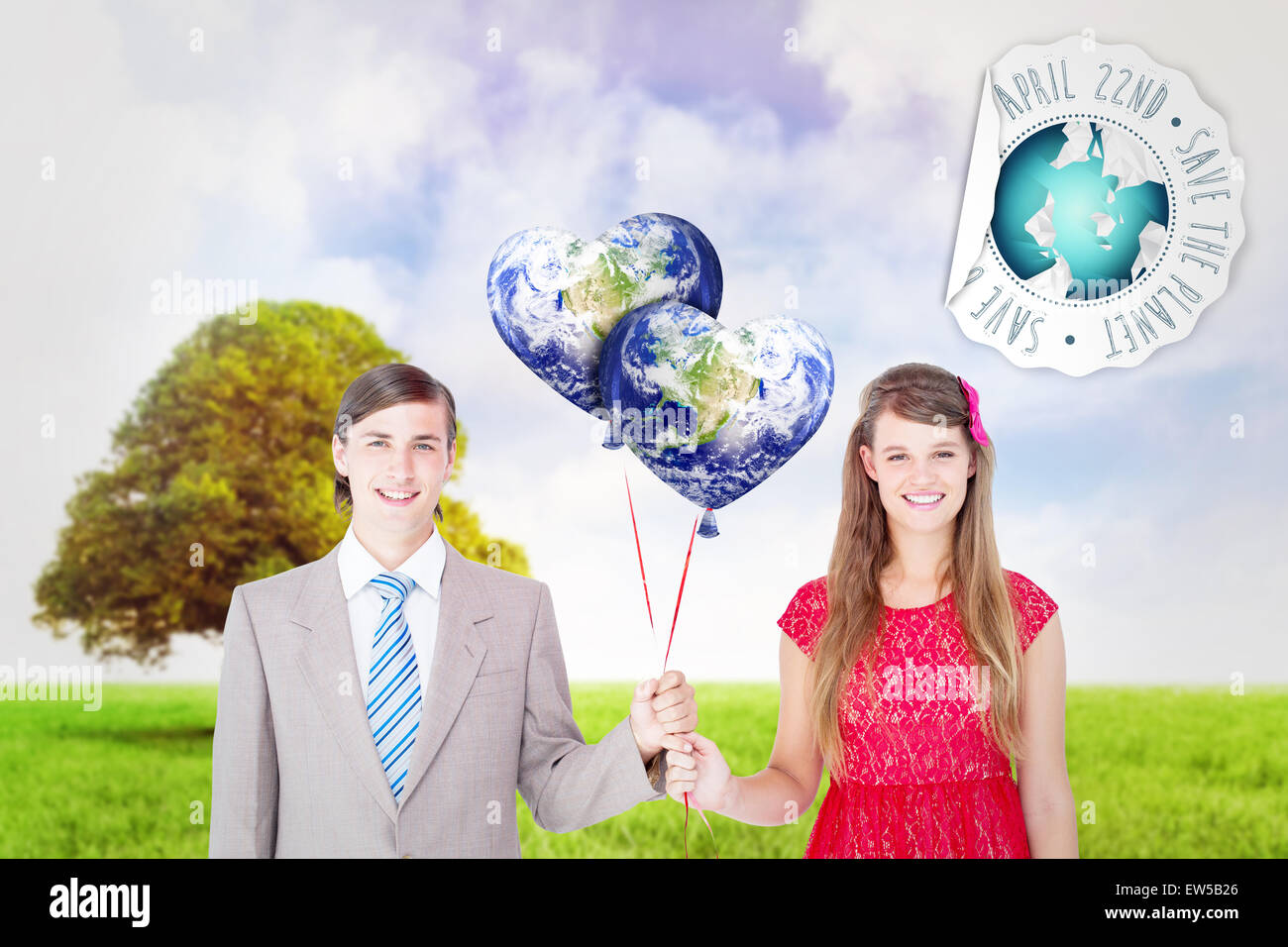 Composite image of smiling geeky couple holding red balloons Stock ...