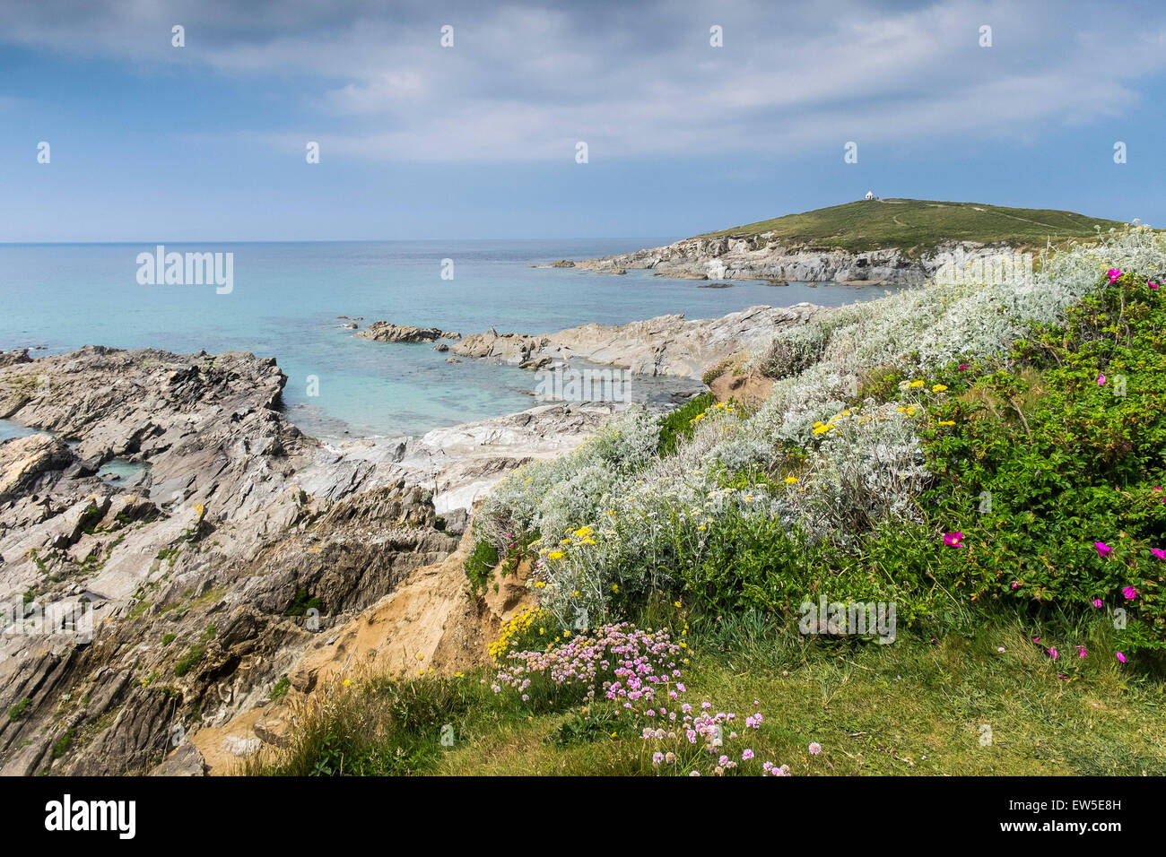 The rugged coastline of Newquay in Cornwall. Stock Photo