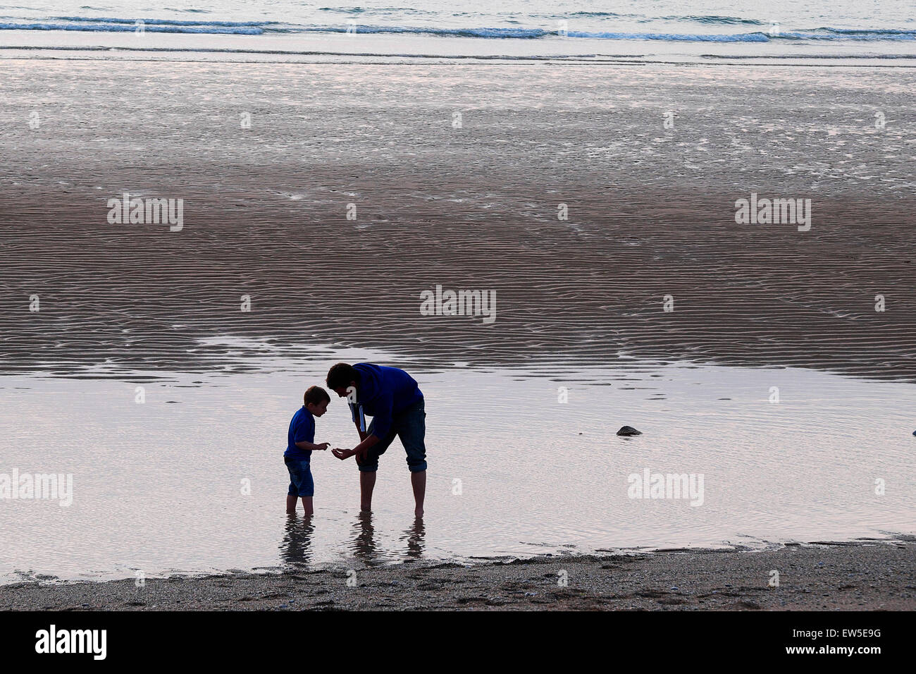 A father and son exploring on Fistral Beach in Newquay, Cornwall. Stock Photo