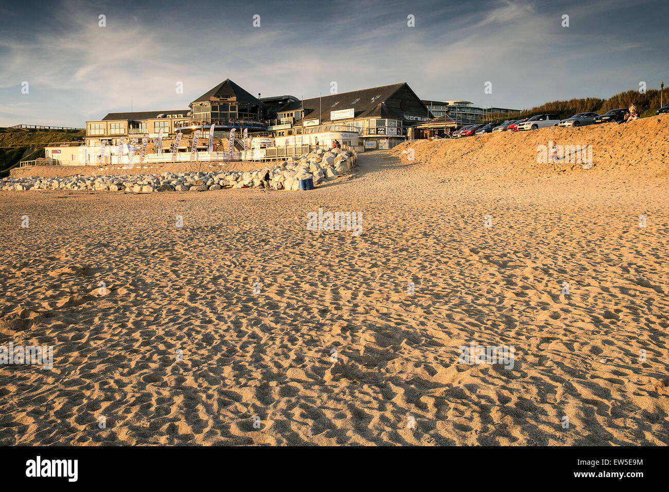 Evening light on Fistral Beach in Cornwall. Stock Photo