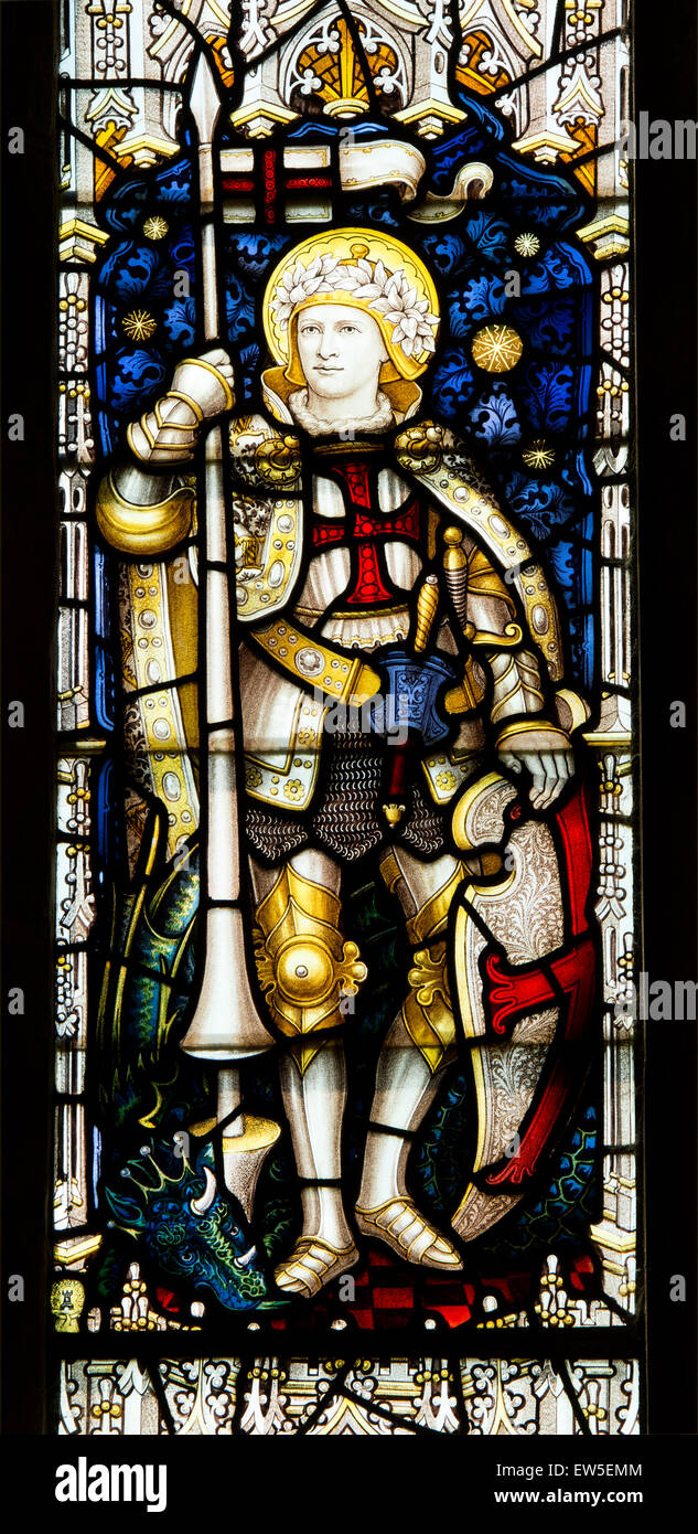 Saint George stained glass, St Mary the Virgin Church, East Haddon, Northamptonshire, England, UK Stock Photo