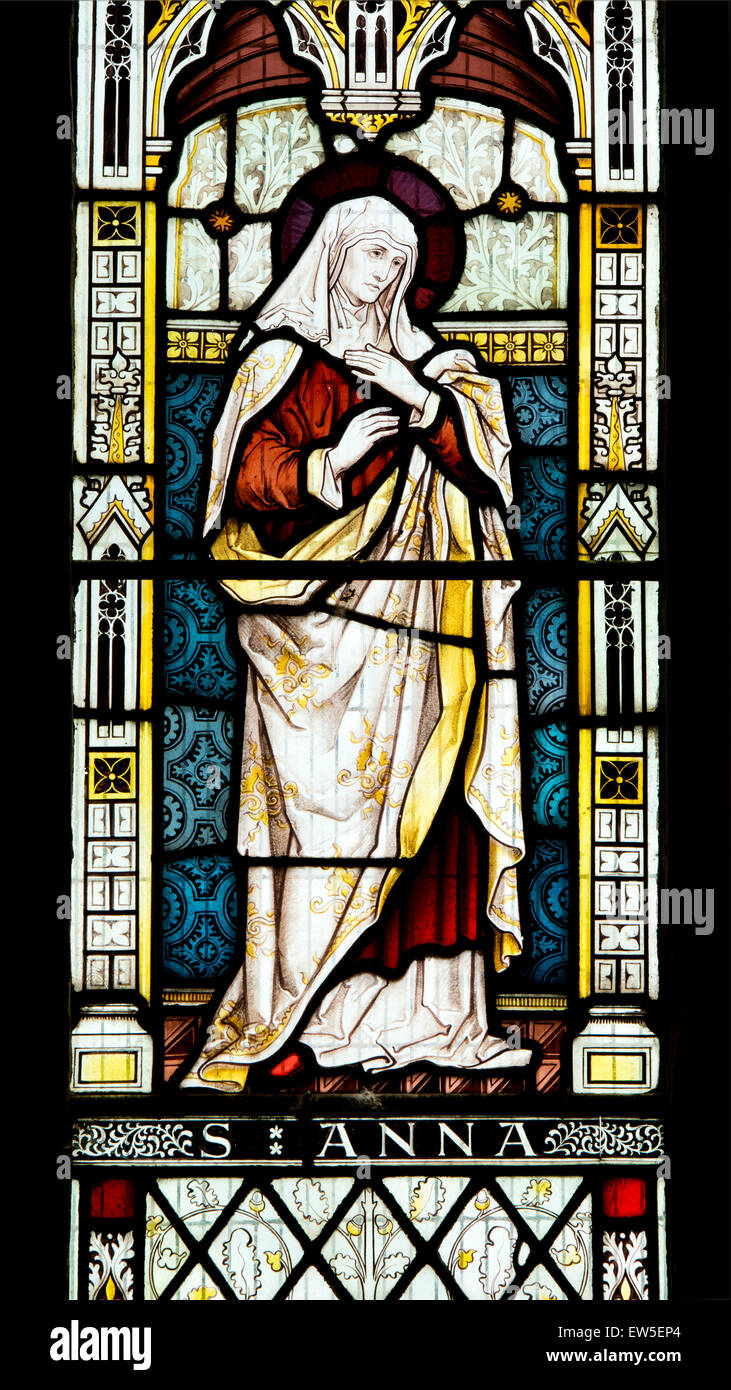 Saint Anne stained glass, All Saints Church, Holdenby, Northamptonshire, England, UK Stock Photo