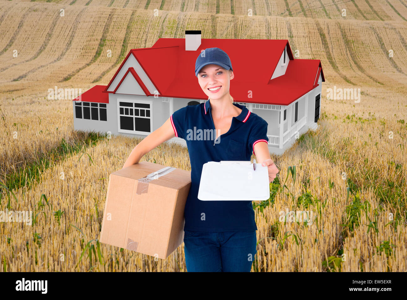 Composite image of happy delivery woman holding cardboard box and clipboard Stock Photo