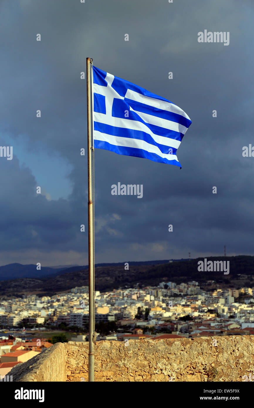 Rethymno, Greece, Flag of Greece at the Fortezza in Crete Stock Photo