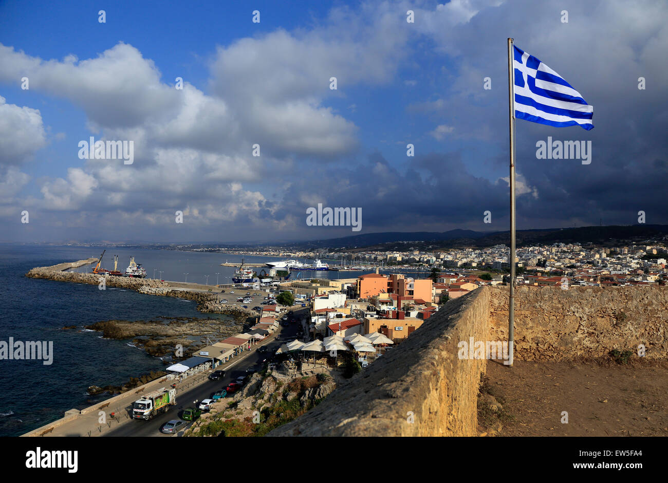 Rethymno, Greece, Flag of Greece at the Fortezza in Crete Stock Photo