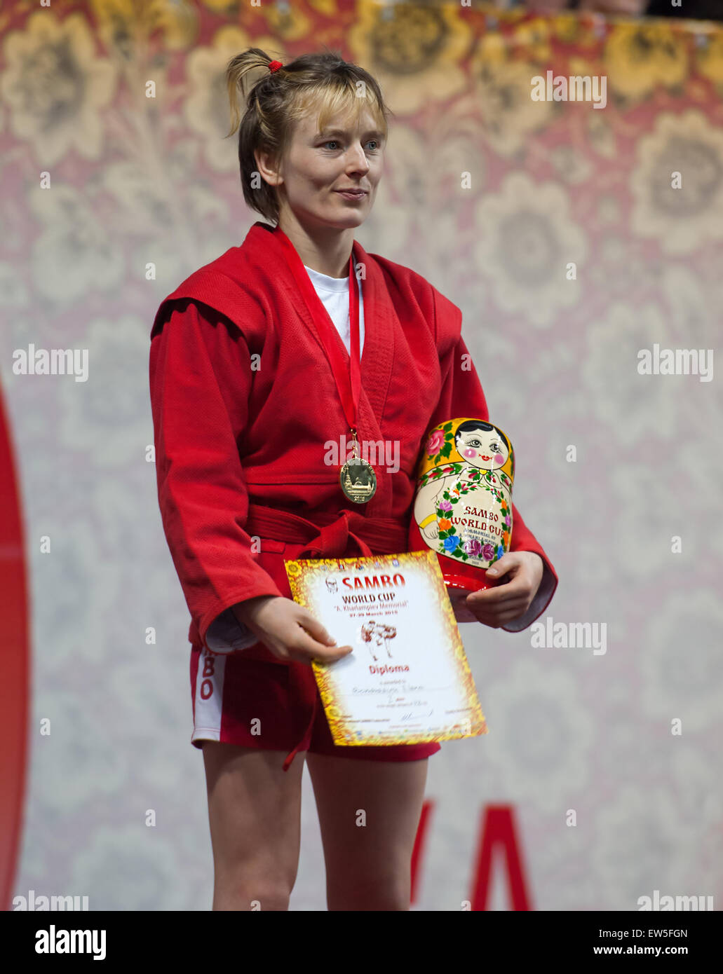 RUSSIA, MOSCOW - MARCH 27: Winner, Elena Bondareva, stand on podium on ...