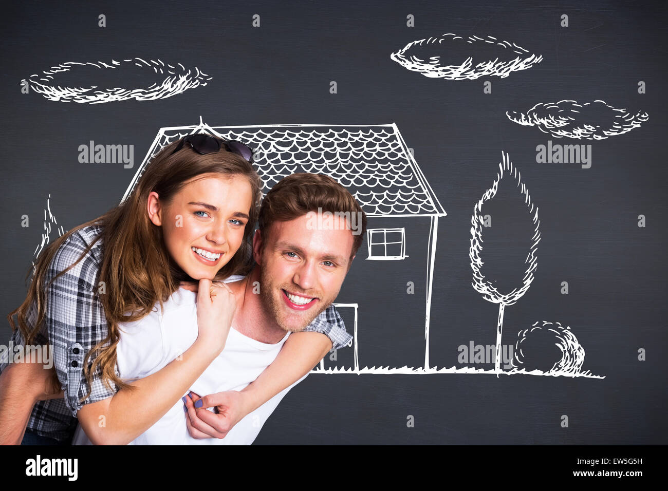 Happy valentines love story concept of a romantic couple on chalk drawings  background. Male riding his girlfriend in a shopping Stock Photo - Alamy