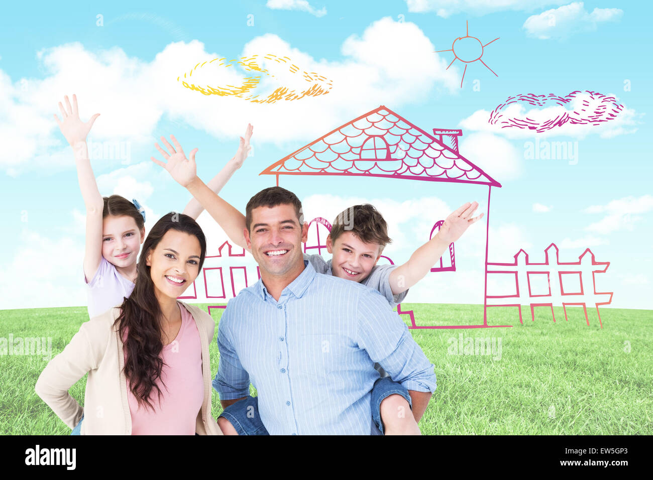 Composite image of loving parents giving piggyback ride to children Stock Photo