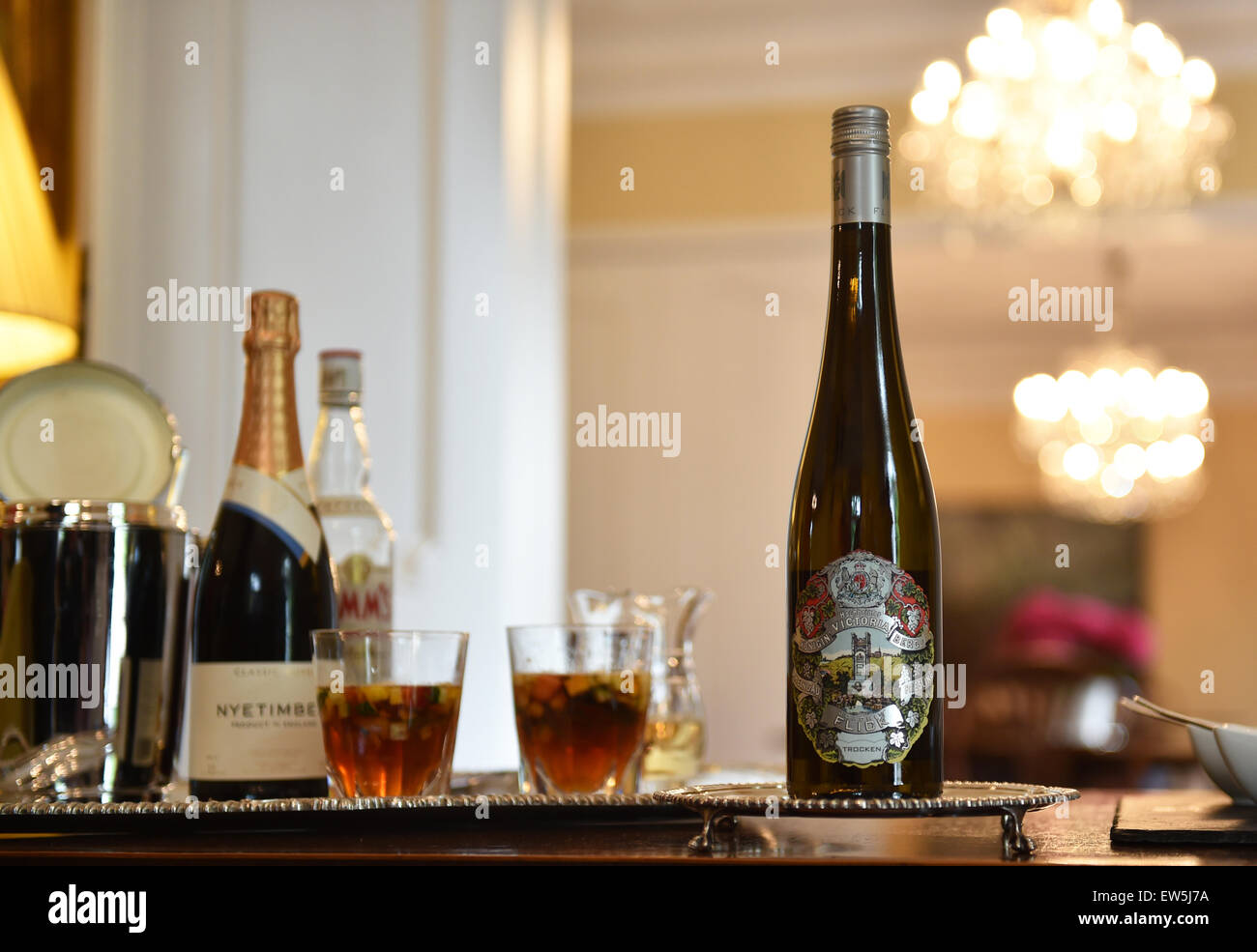 Riesling white wine 'Hochheimer Koenigin Victoria Berg', to be served at the ambassador's garden party in honor of the Queen on 25 June 2015, is presented in the residence of the British Ambassador during a press meeting in Berlin, Germany, 18 June 2015. Stock Photo