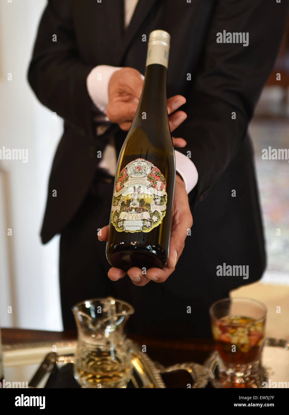Riesling white wine 'Hochheimer Koenigin Victoria Berg', to be served at the ambassador's garden party in honor of the Queen on 25 June 2015, is presented in the residence of the British Ambassador during a press meeting in Berlin, Germany, 18 June 2015. Stock Photo