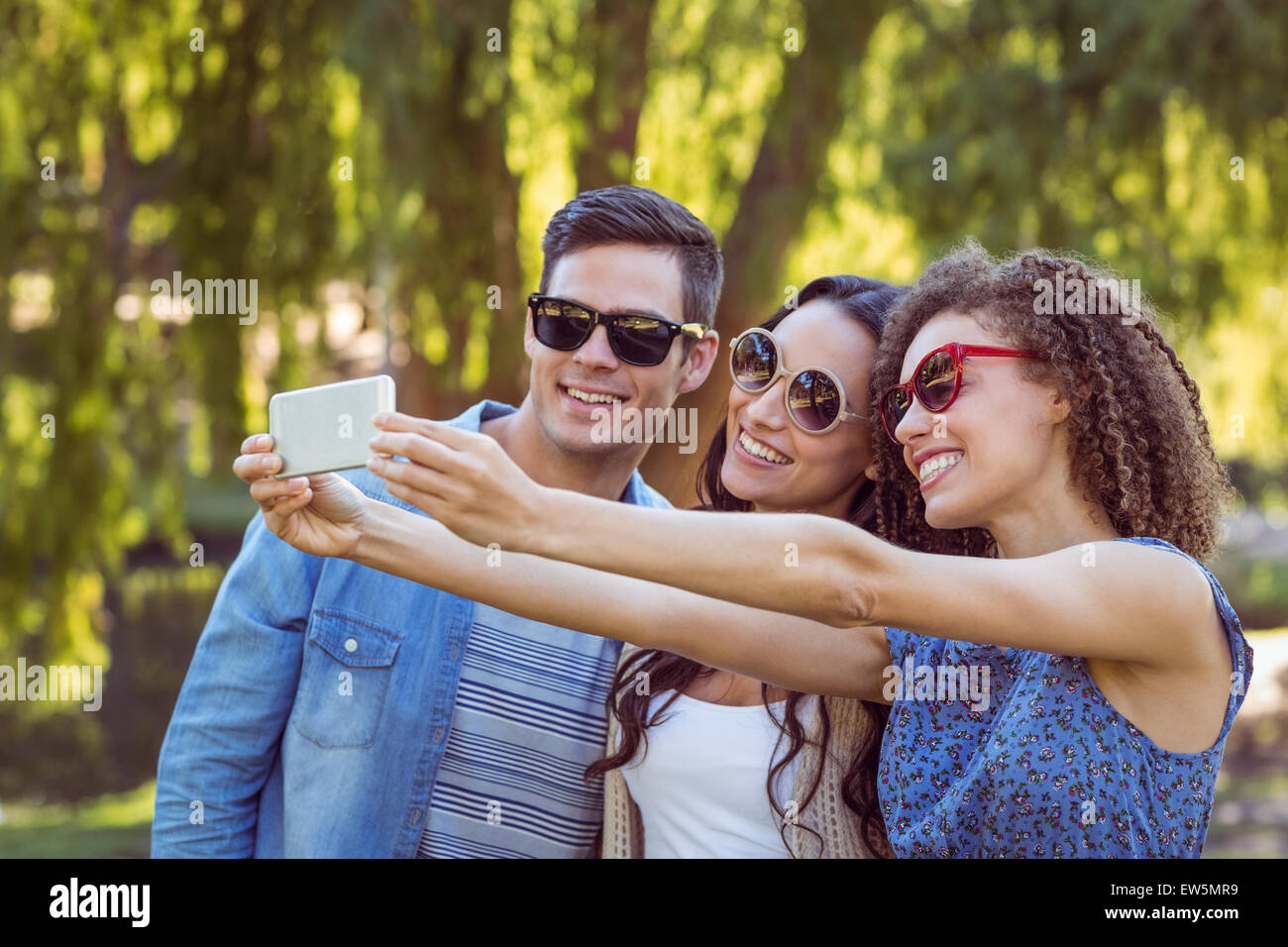Happy friends taking a selfie in the park Stock Photo - Alamy