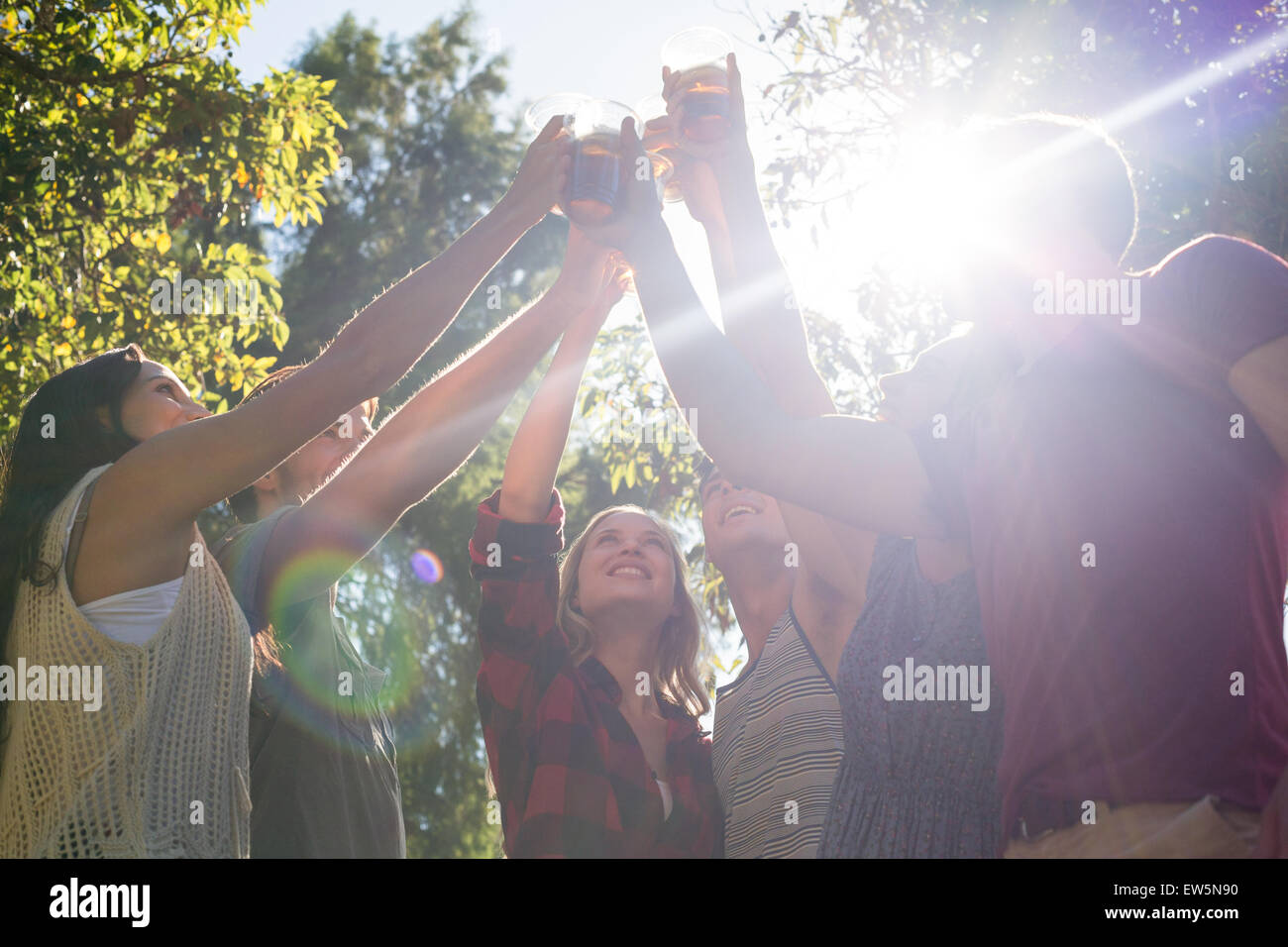 Happy friends in the park having beers Stock Photo - Alamy
