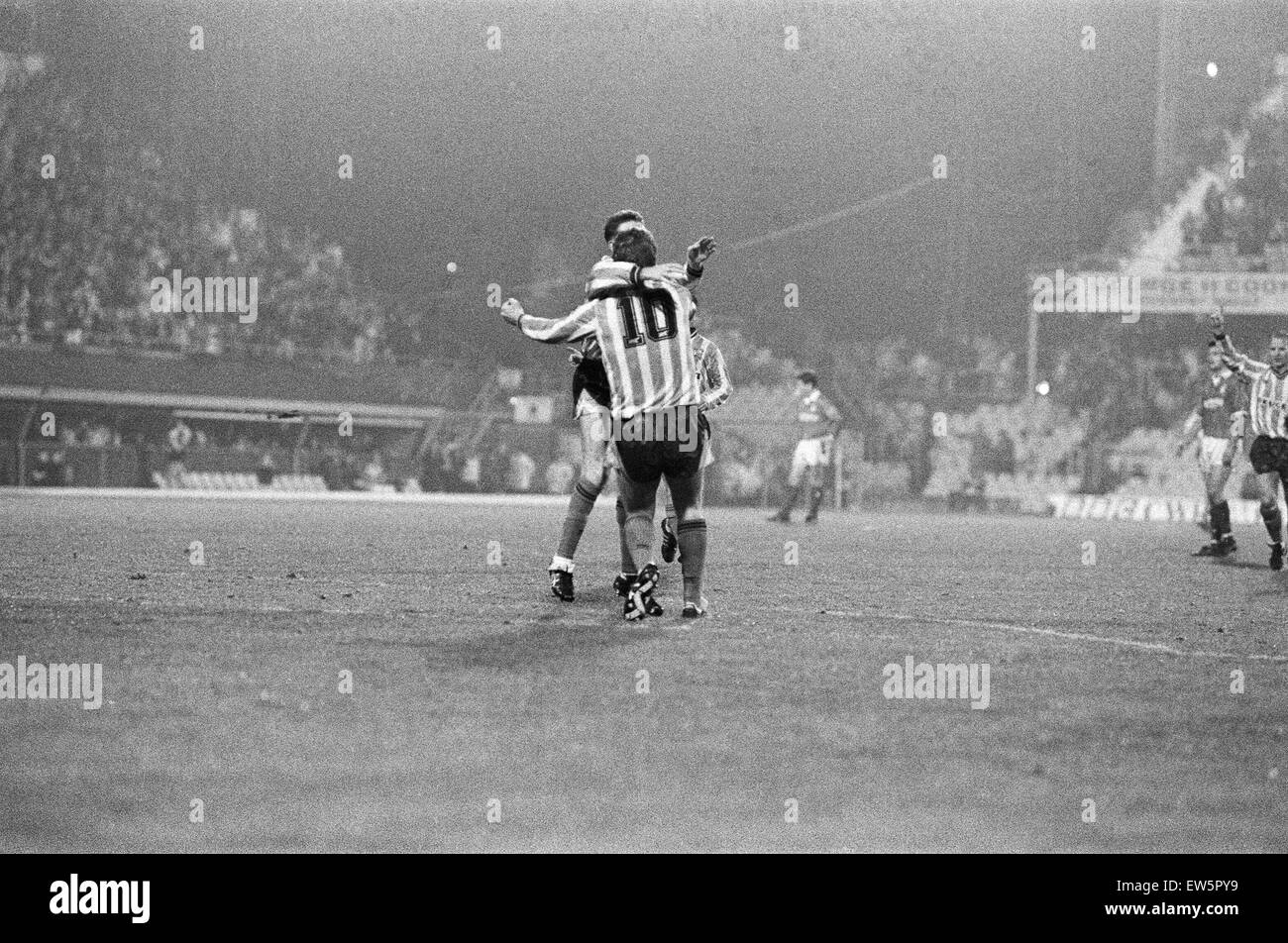 Coventry City 5 v Nottingham Forest 4.  Fourth Round of the Rumbelows Cup at Highfield Road. (Picture shows) Coventry City players celebrating a goal. 28th November 1990 Stock Photo