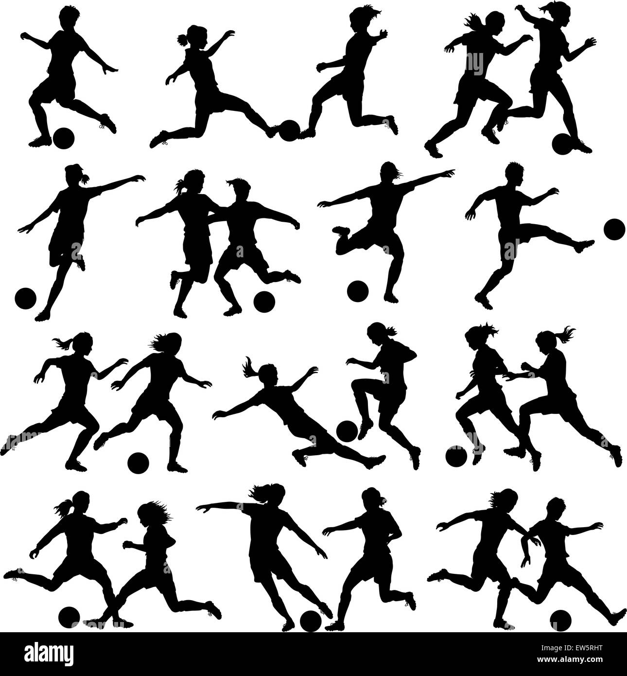Set of eps8 editable vector silhouettes of women playing football with all figures as separate objects Stock Vector