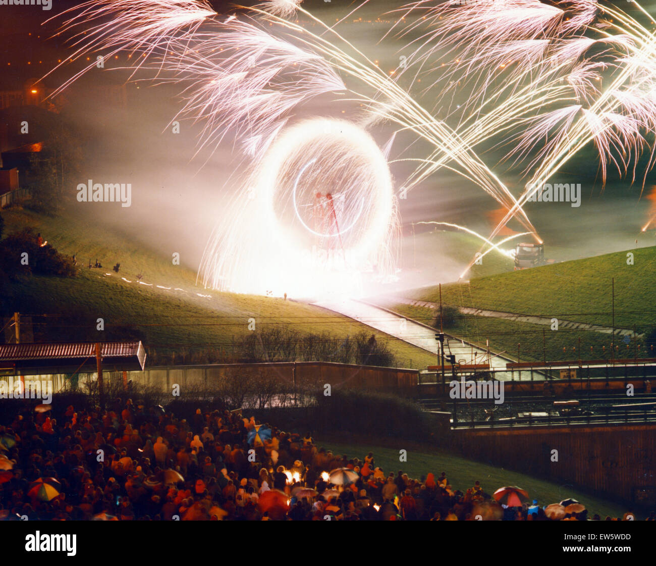 Bonfire Night, with 45ft Catherine Wheel at the Pyramid playing fields, Bury, Greater Manchester, 5th November 1991. Stock Photo