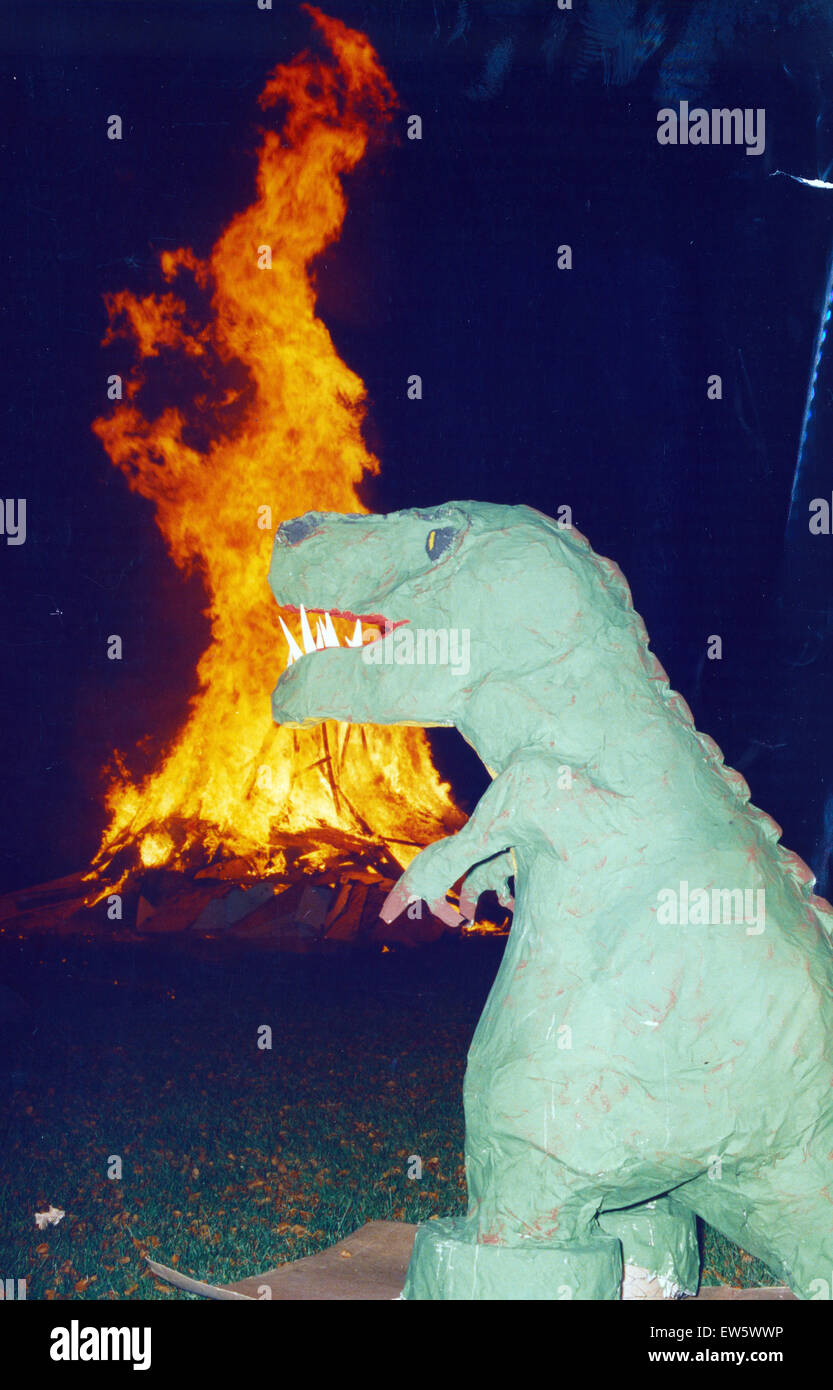 Jurassic Themed Bonfire Night and Fireworks party, Platt Fields Park, Rusholme, Manchester, 6th November 1993. Stock Photo