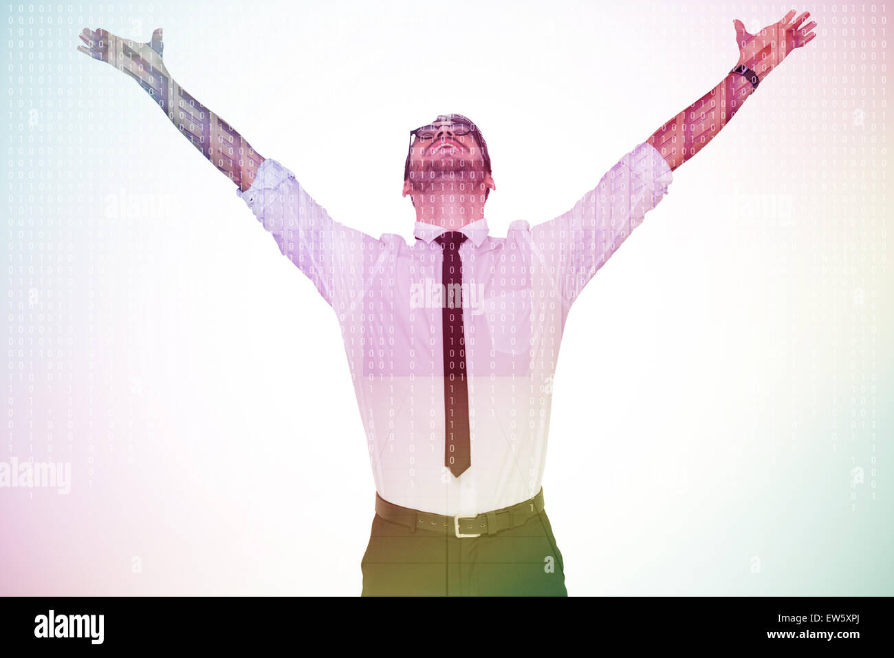 Composite image of cheering businessman with his arms raised up Stock Photo