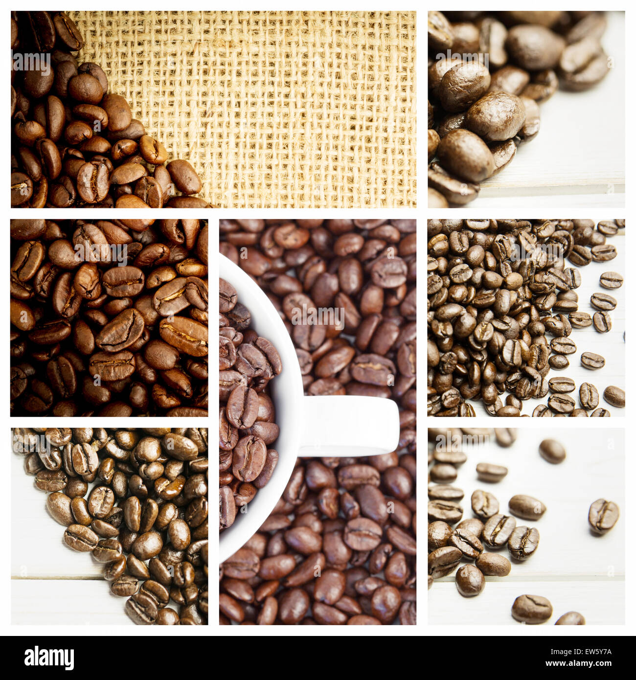 Composite image of small white cup full of coffee beans Stock Photo