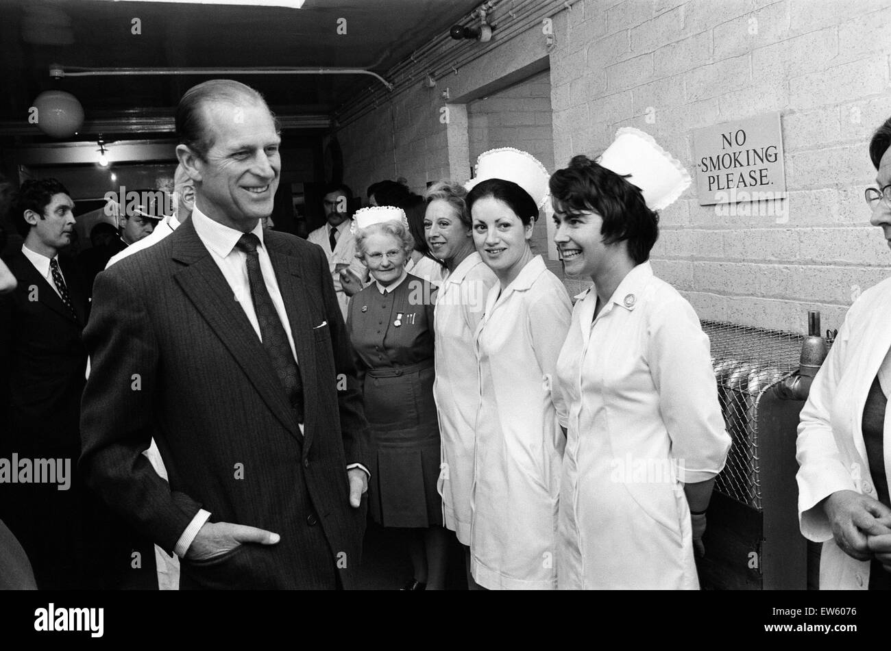 Prince Philip, Duke of Edinburgh, greets staff at Birmingham General Hospital. The Duke was visiting victims of the Birmingham Pub Bombings. 25th November 1974. Stock Photo