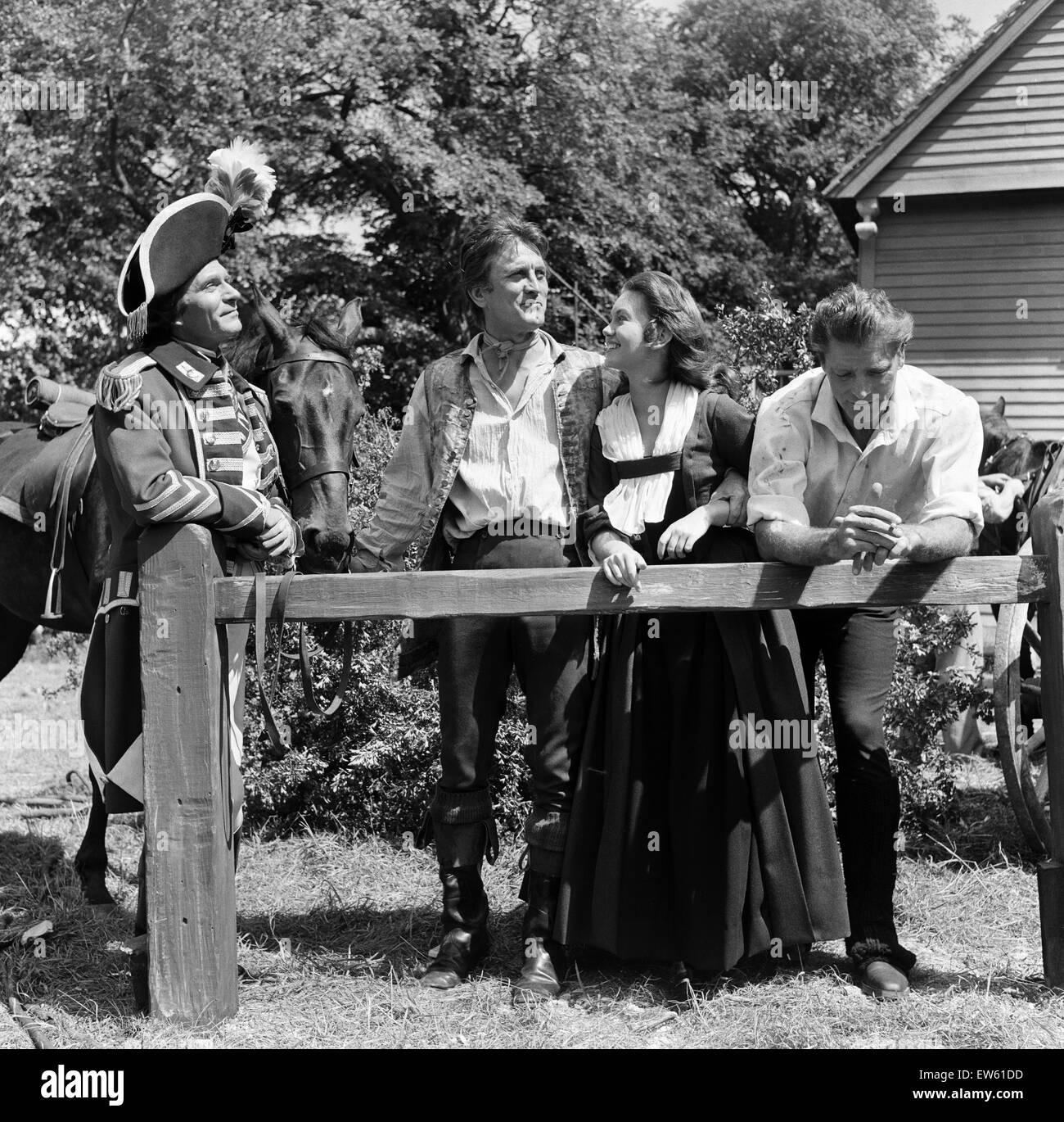 Laurence Olivier, Kirk Douglas, Janette Scott and Burt Lancaster on the set of 'The Devil's Disciple' in Tring Park, Hertfordshire. 30th July 1958. Stock Photo