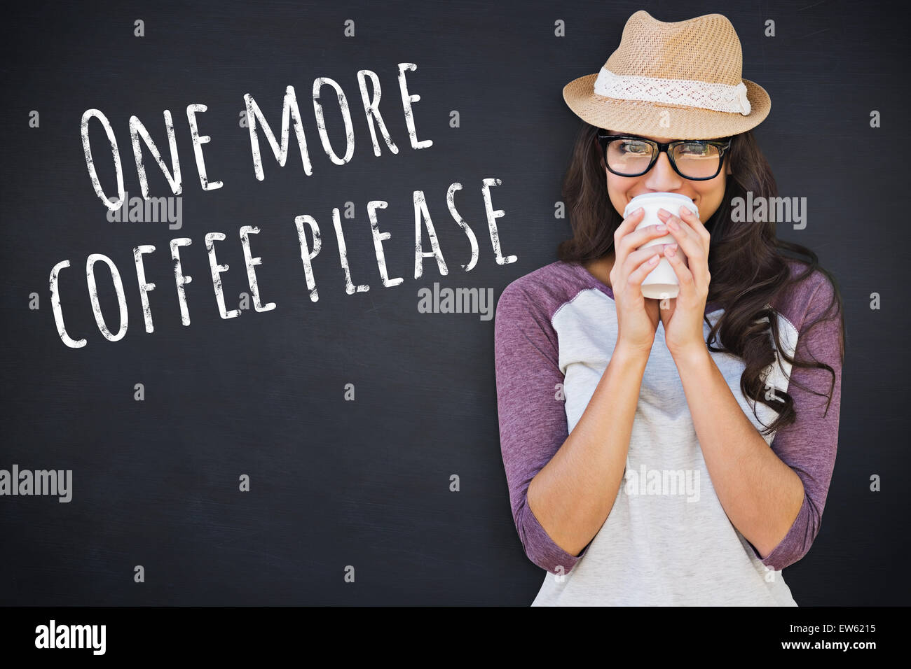 Composite image of brunette with disposable cup Stock Photo