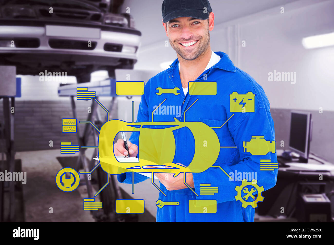 Composite image of handyman in blue overall writing on clipboard Stock Photo