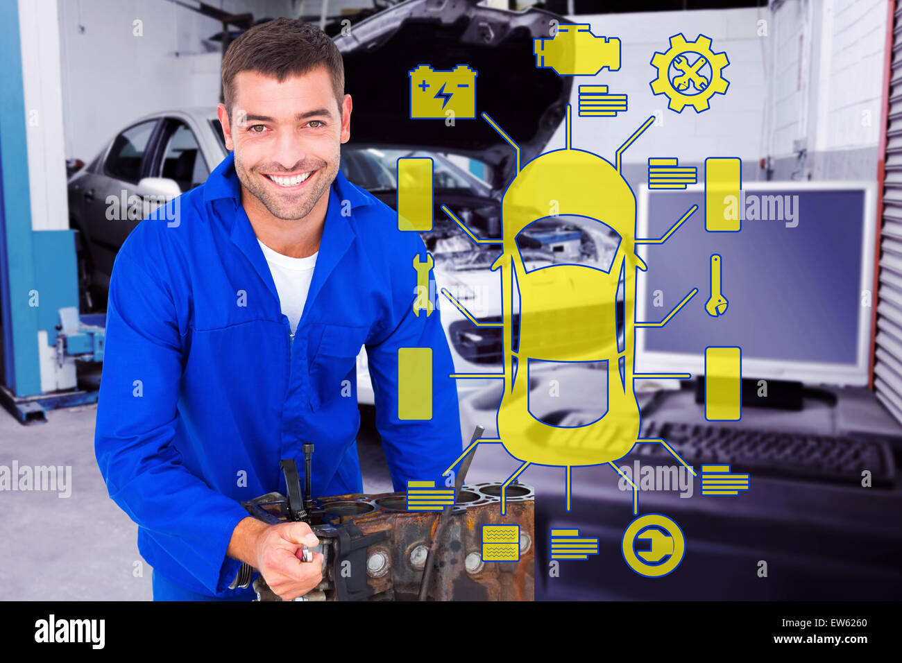 Composite image of smiling male machanic repairing car engine Stock ...