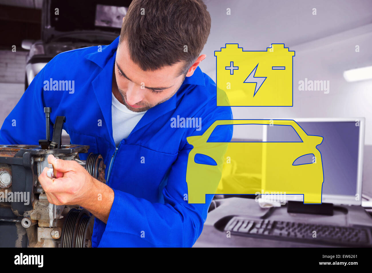 Composite image of male mechanic repairing car engine Stock Photo