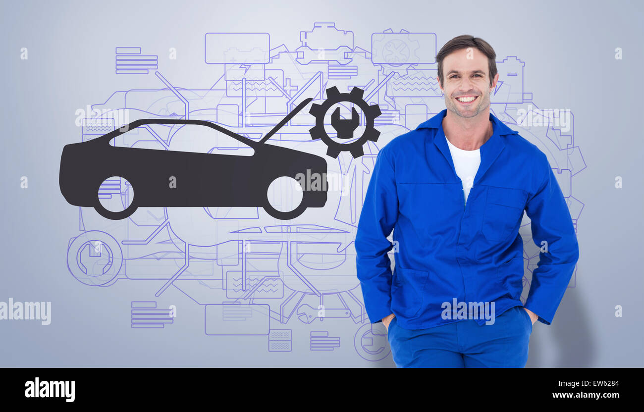 Composite image of happy mechanic with hands in pockets Stock Photo
