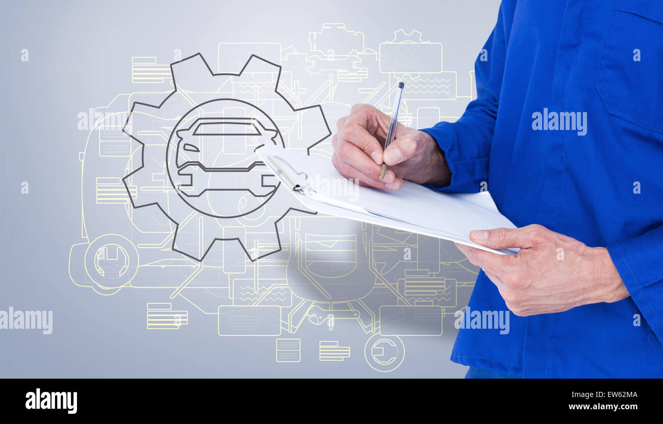 Composite image of mechanic writing notes on clipboard Stock Photo - Alamy