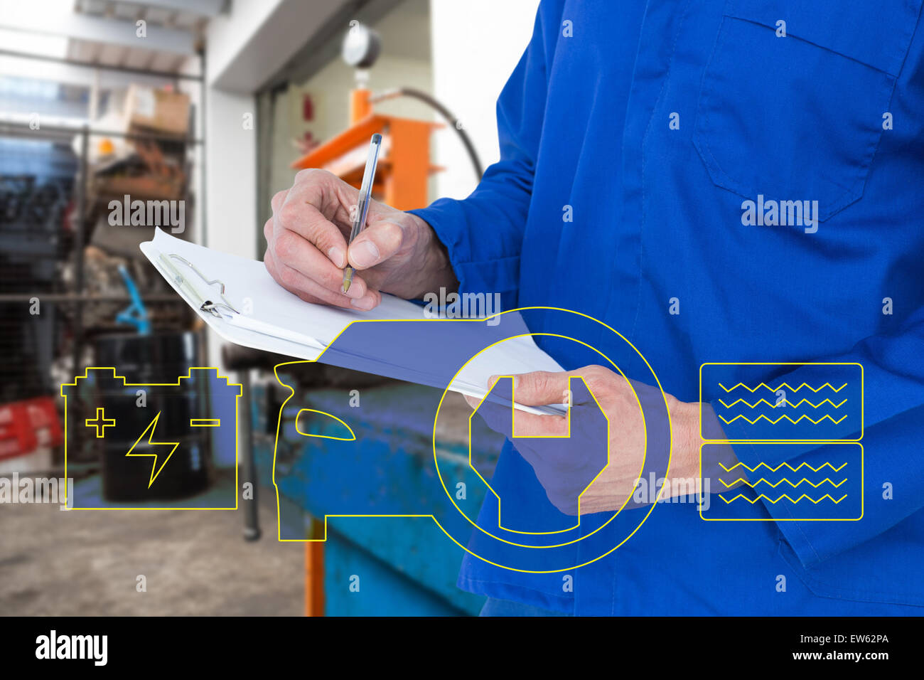 Composite image of mechanic writing notes on clipboard Stock Photo - Alamy