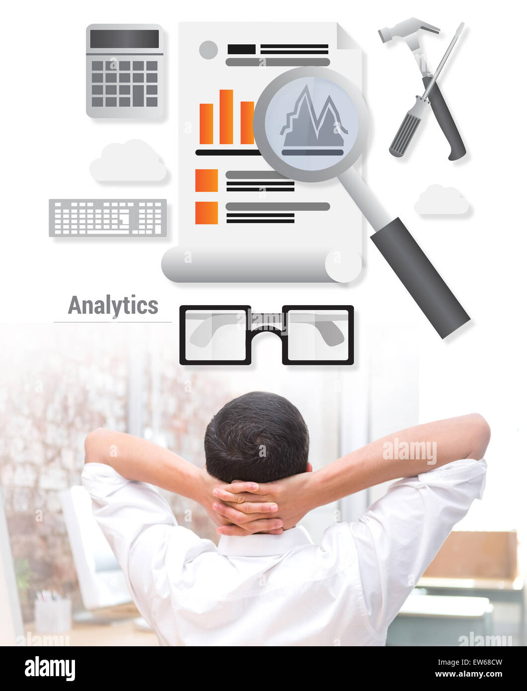 Composite image of businessman with hands behind head at desk Stock Photo