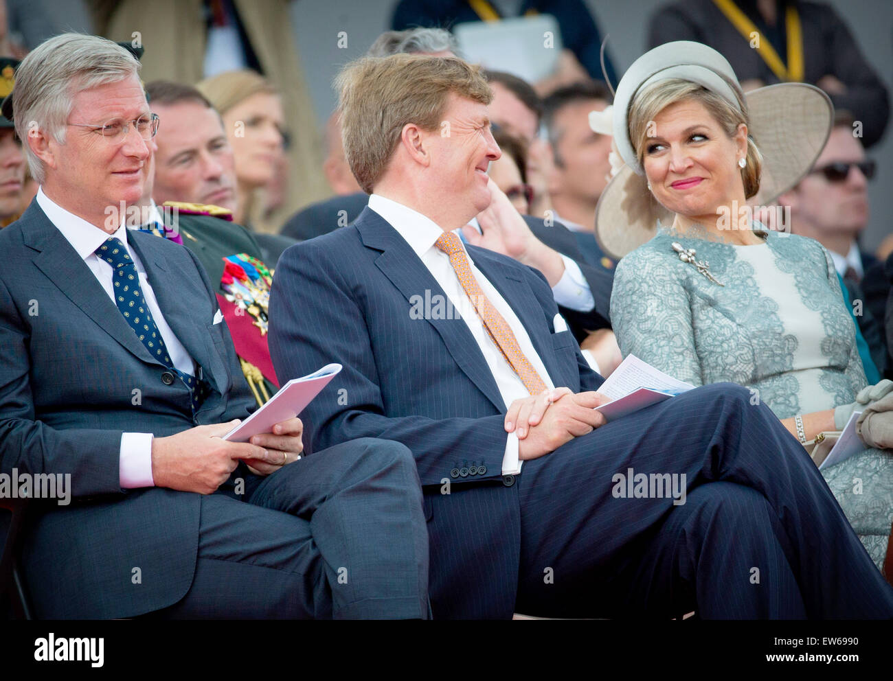 King Willem-Alexander (C) and Queen Maxima of The Netherlands, King Philippe of Belgium during official celebration as part of the bicentennial celebrations for the Battle of Waterloo, Belgium 18 June 2015. On 19 and 20 June 2015, some 5000 re-enactors, 3 Stock Photo