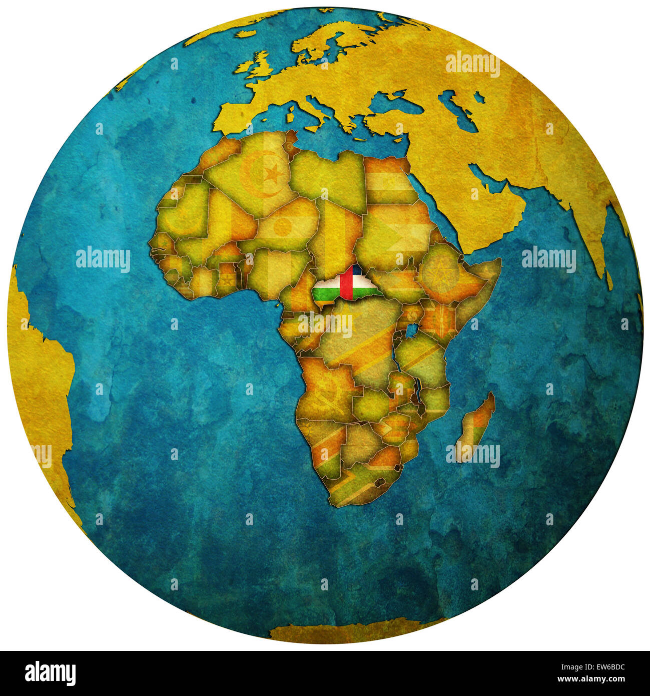 central african republic territory with flag on map of globe Stock ...