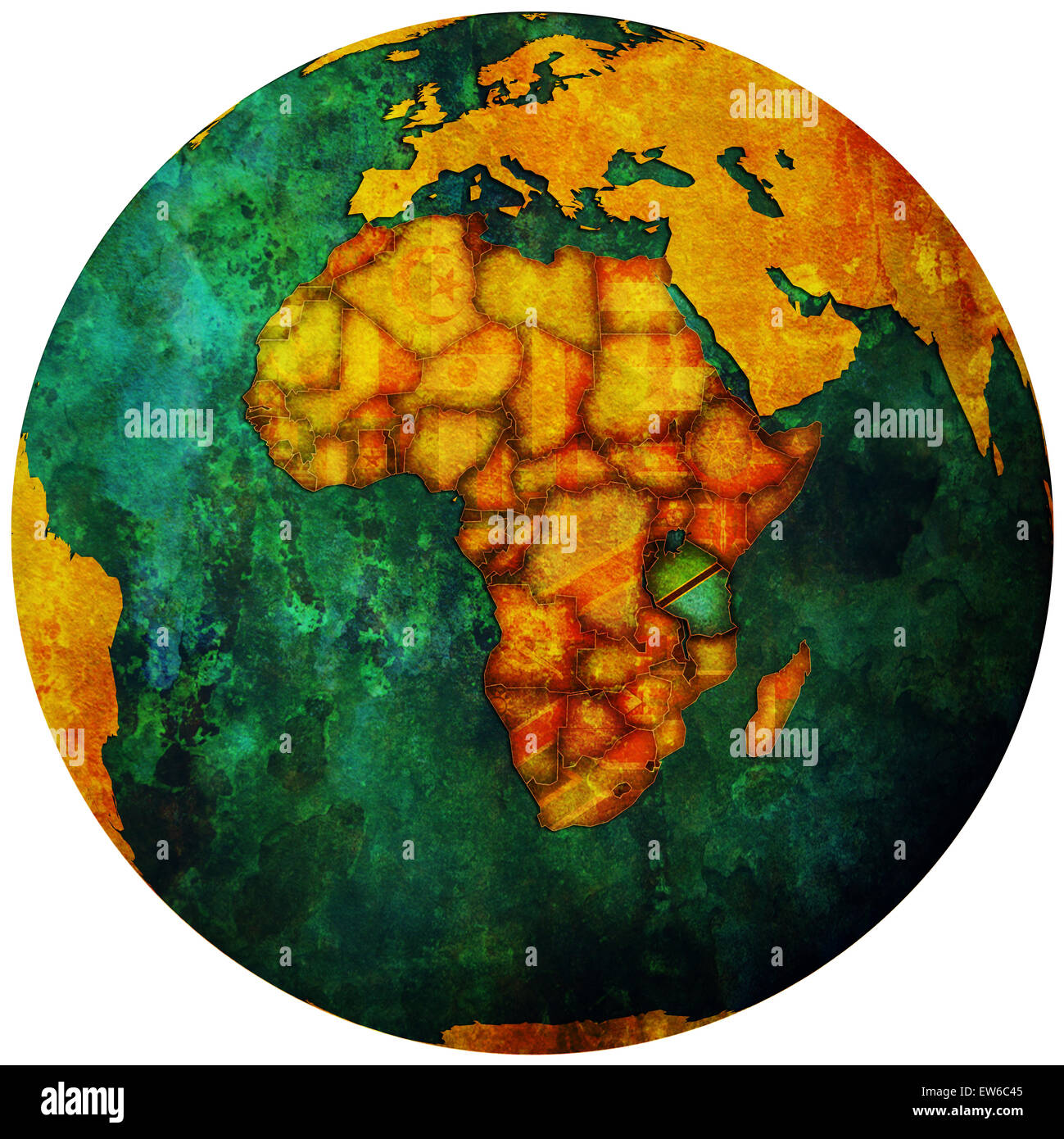 tanzania territory with flag on map of globe Stock Photo - Alamy
