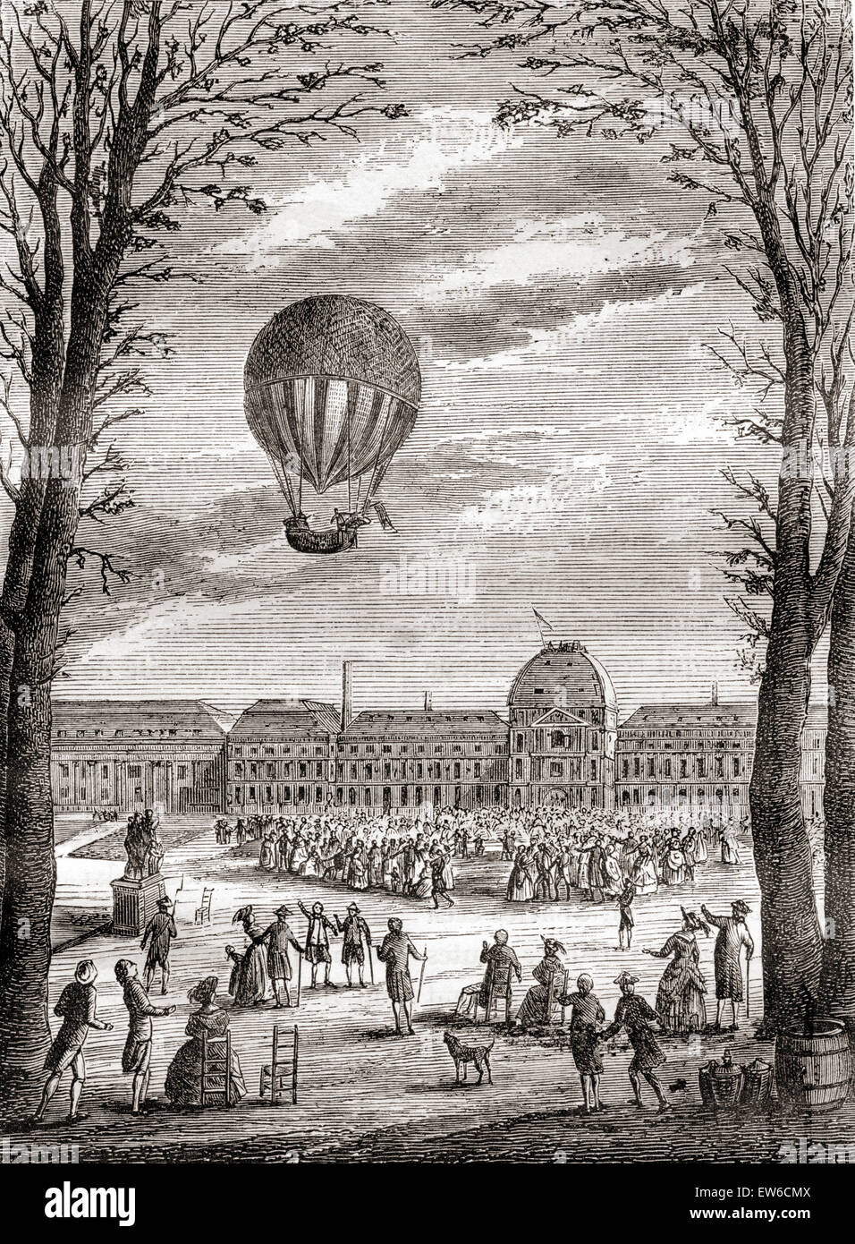 The world's first manned hydrogen balloon flight over the Champs de Mars, Paris, France in 1 December 1783, piloted by Nicolas-Louis Robert and professor Jacques Charles. Stock Photo