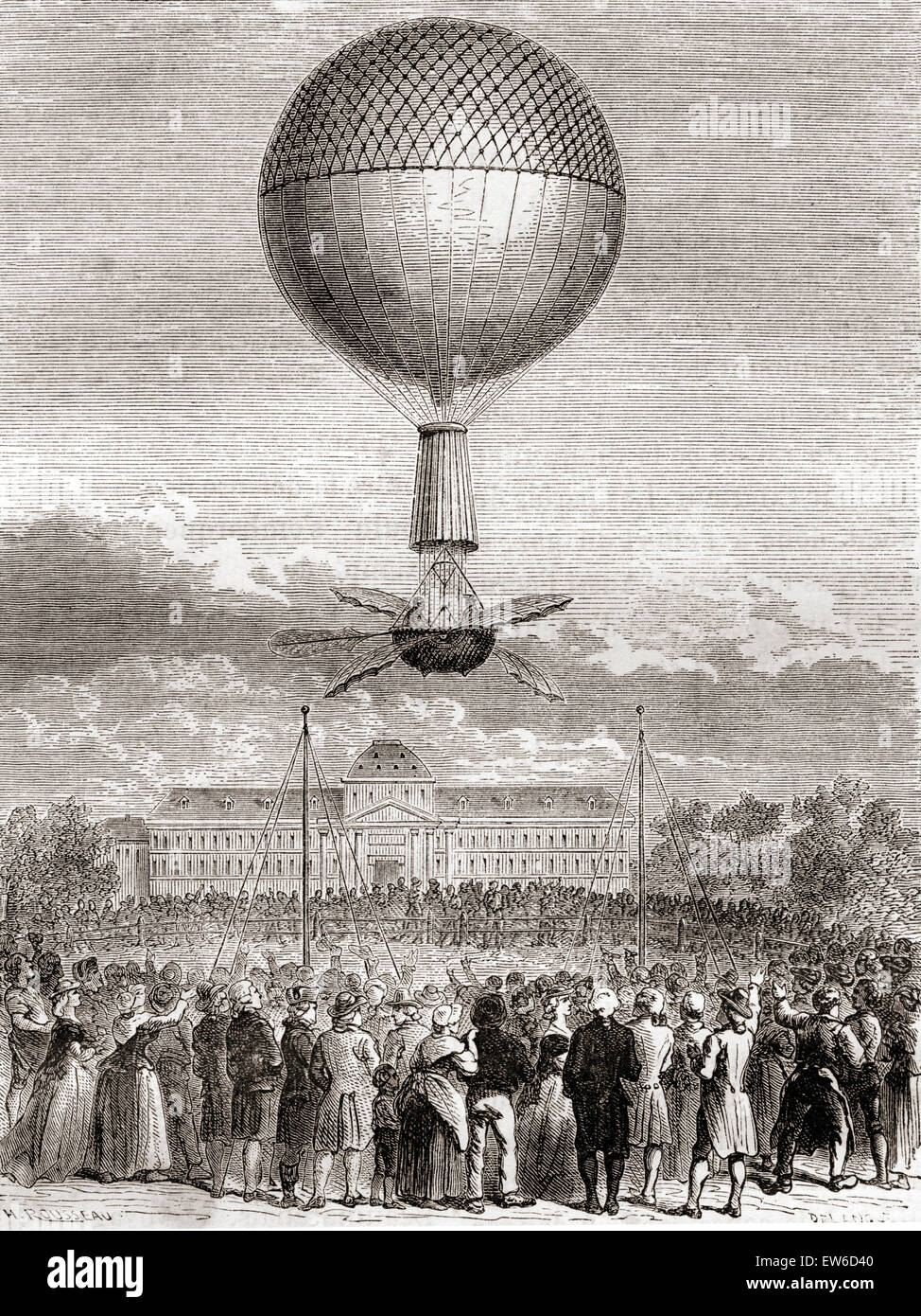 The first successful balloon flight of Jean-Pierre François Blanchard ( 1753 – 1809) on 2 March 1784, in a hydrogen gas balloon launched from the Champ de Mars, Paris, France. Stock Photo