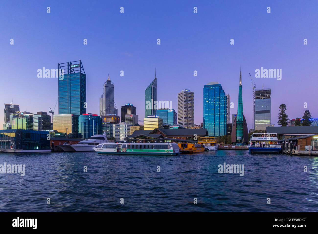 Perth city skyline view from Swan River at blue hour twilight sunset dusk, Western Australia. Stock Photo