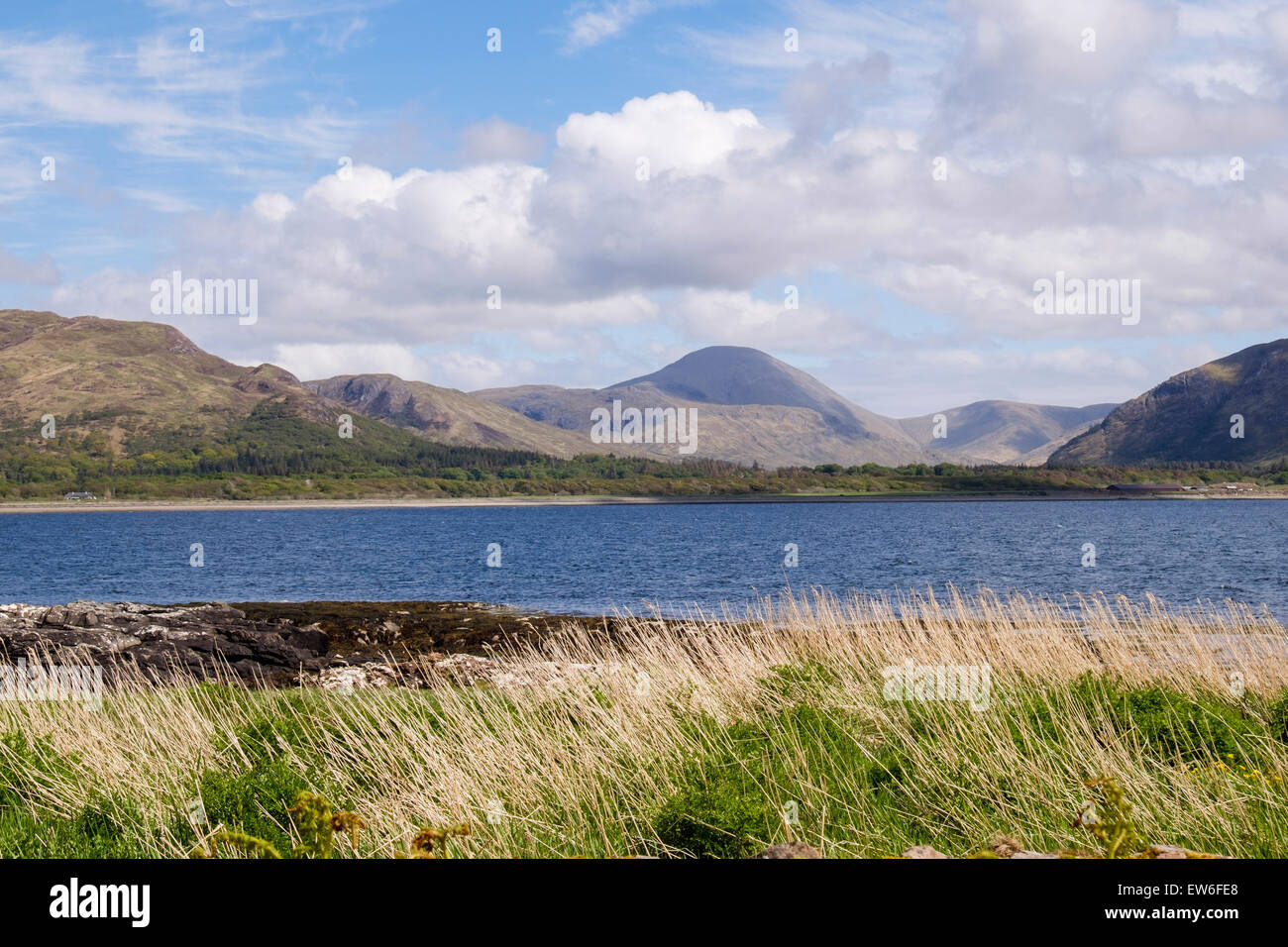 View across Loch na Keal to mountains from Kellan Isle of Mull Argyll & Bute Inner Hebrides Western Isles Scotland UK Britain Stock Photo