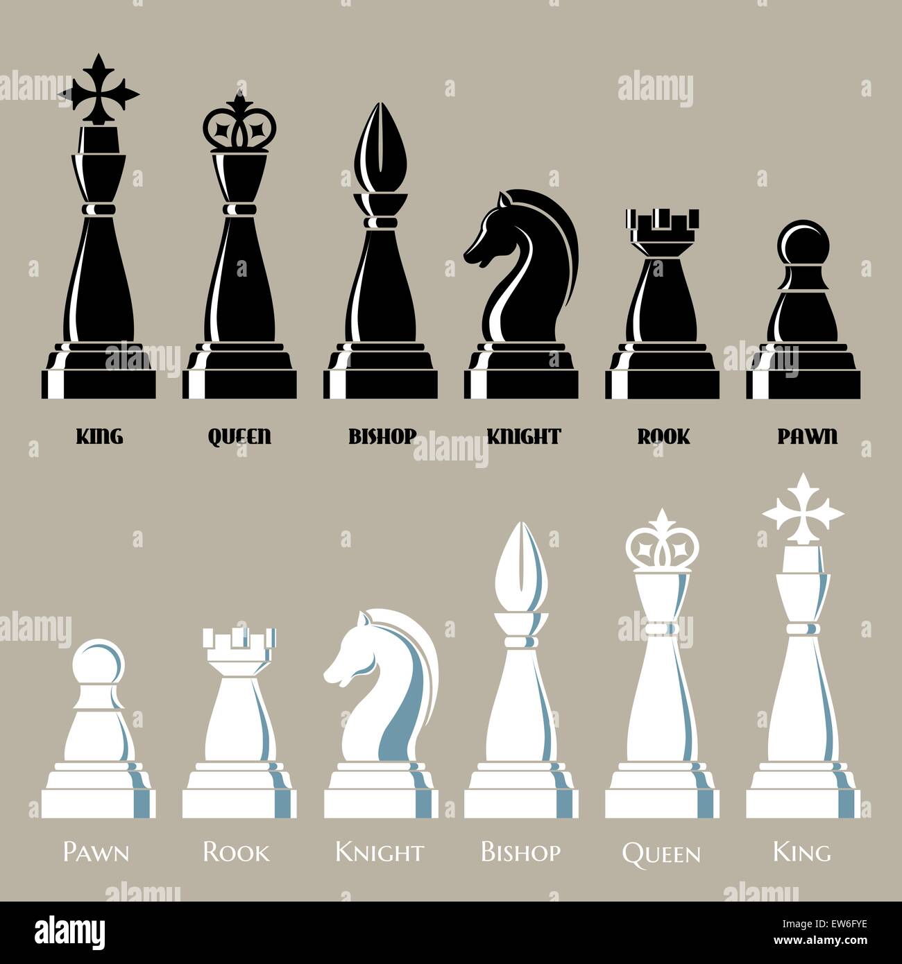 Complete set of chess pieces in black and white. Isolated on monochrome background. Only free font used. Stock Vector