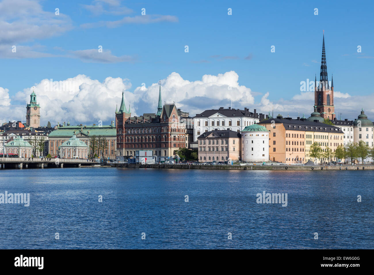 View of Riddarholmen, Stockholm, with Water and a Cloudy Sky Stock Photo
