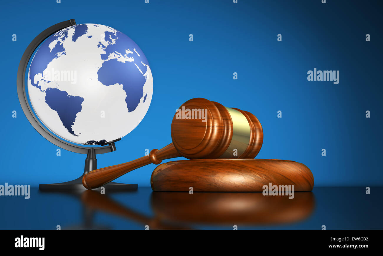International law systems, justice, human rights and global business education concept with world map on a globe and a gavel. Stock Photo