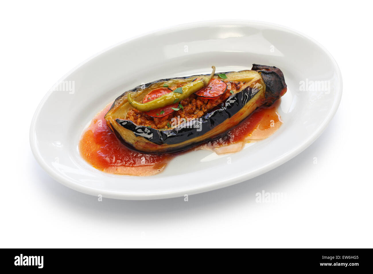 karniyarikv, stuffed eggplant, turkish cuisine isolated on white background Stock Photo
