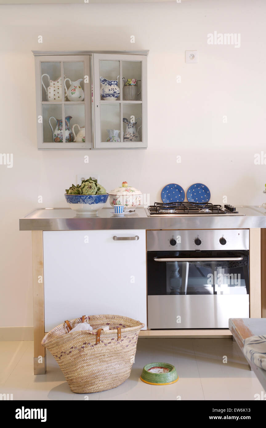 Small Painted Wall Cupboard Fridge And Stainless Steel Oven In