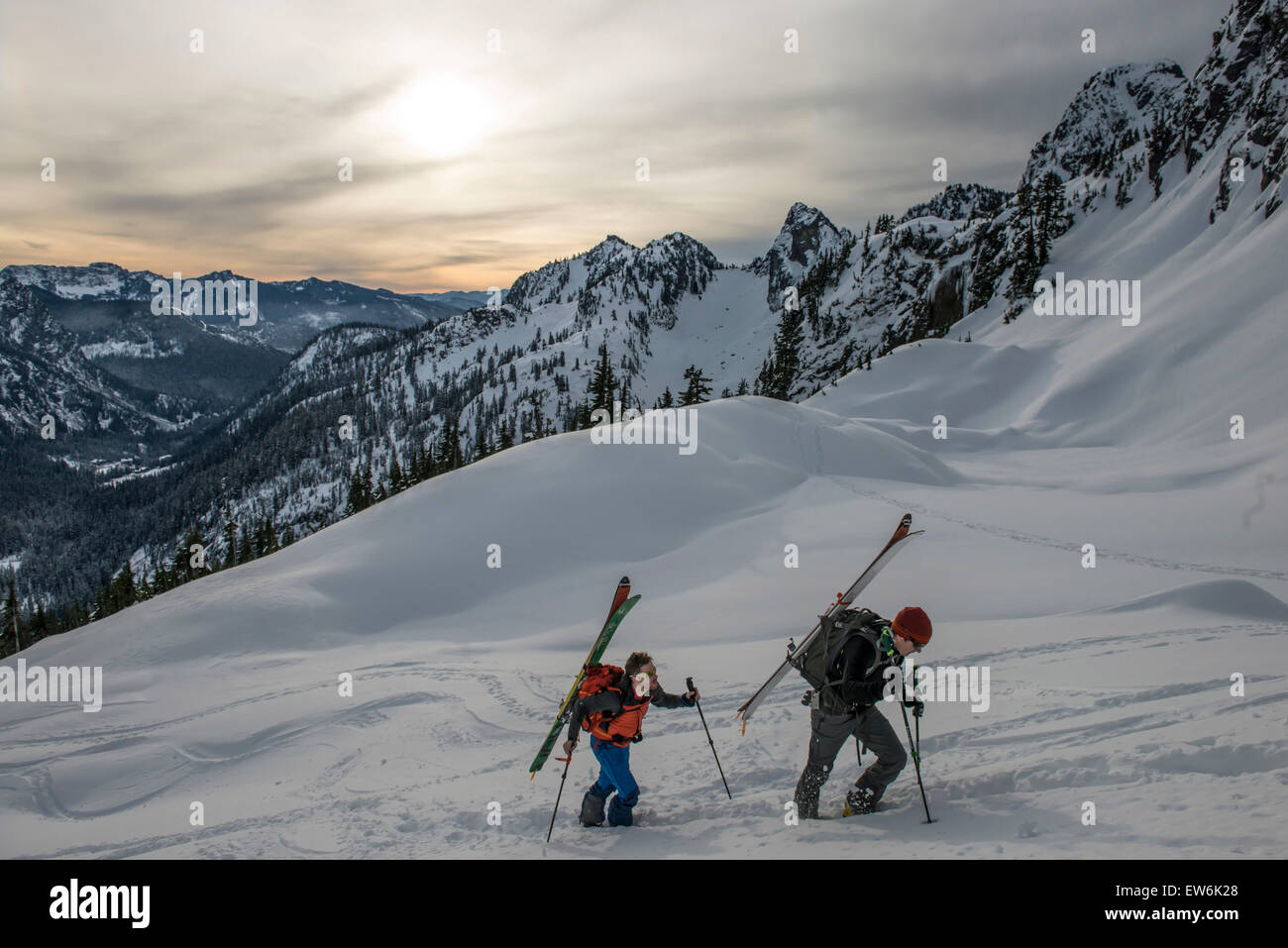 Searching for good skiing in the Alpental backcountry, Snowqualmie Pass, Washington Stock Photo