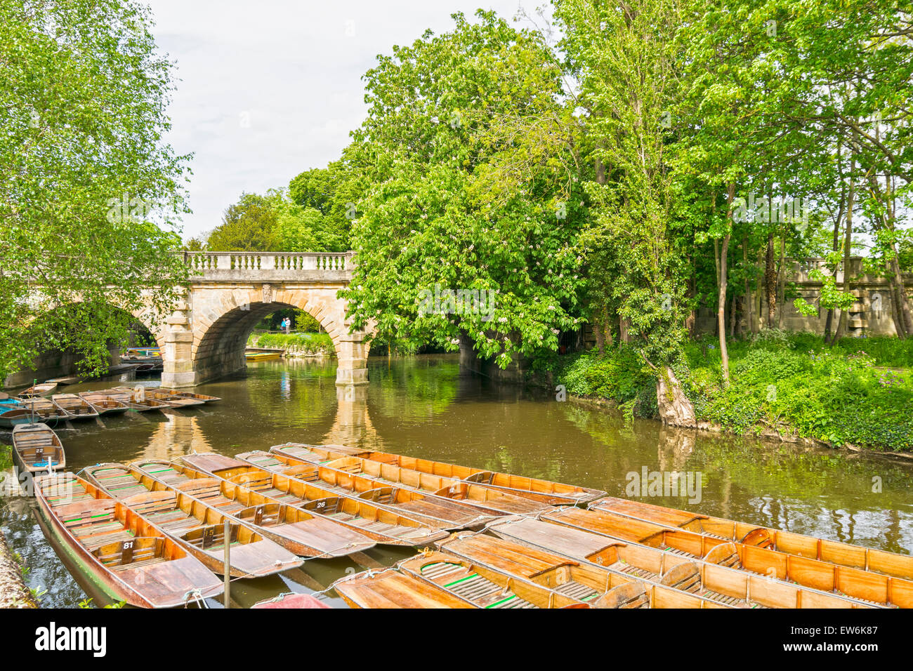 OXFORD CITY THE RIVER CHERWELL AND MAGDALEN BRIDGE WITH ROWS OF PUNTS Stock Photo