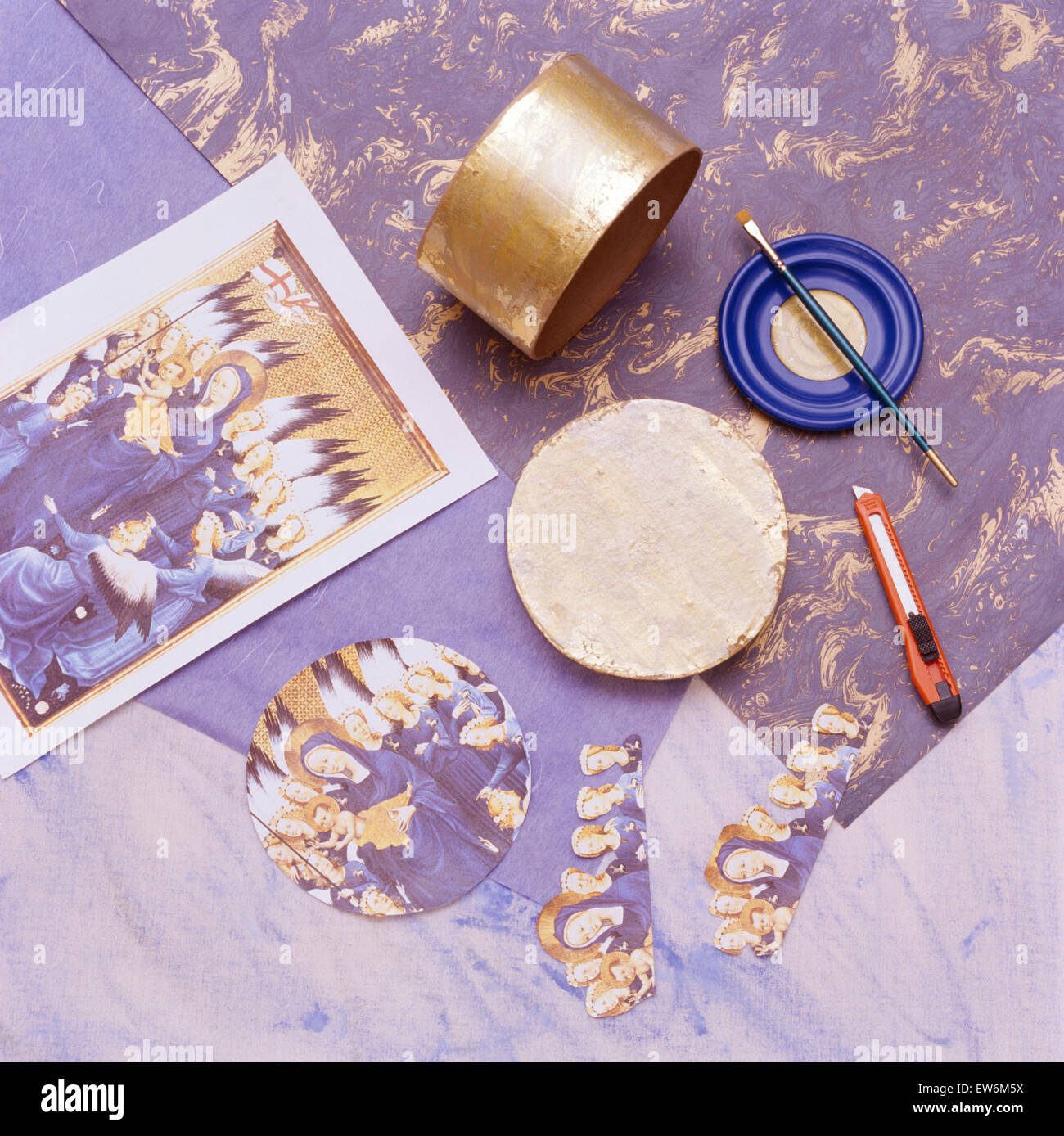 Close-up of materials for applying decoupage to a plywood box Stock Photo