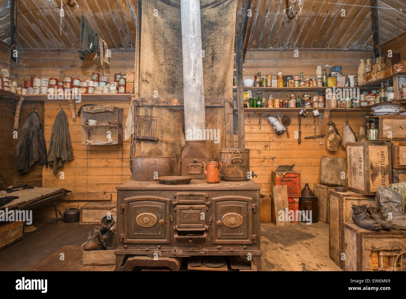 Inside Captain Earnest Shackleton's hut at Cape Royds, Antarctica. Stock Photo
