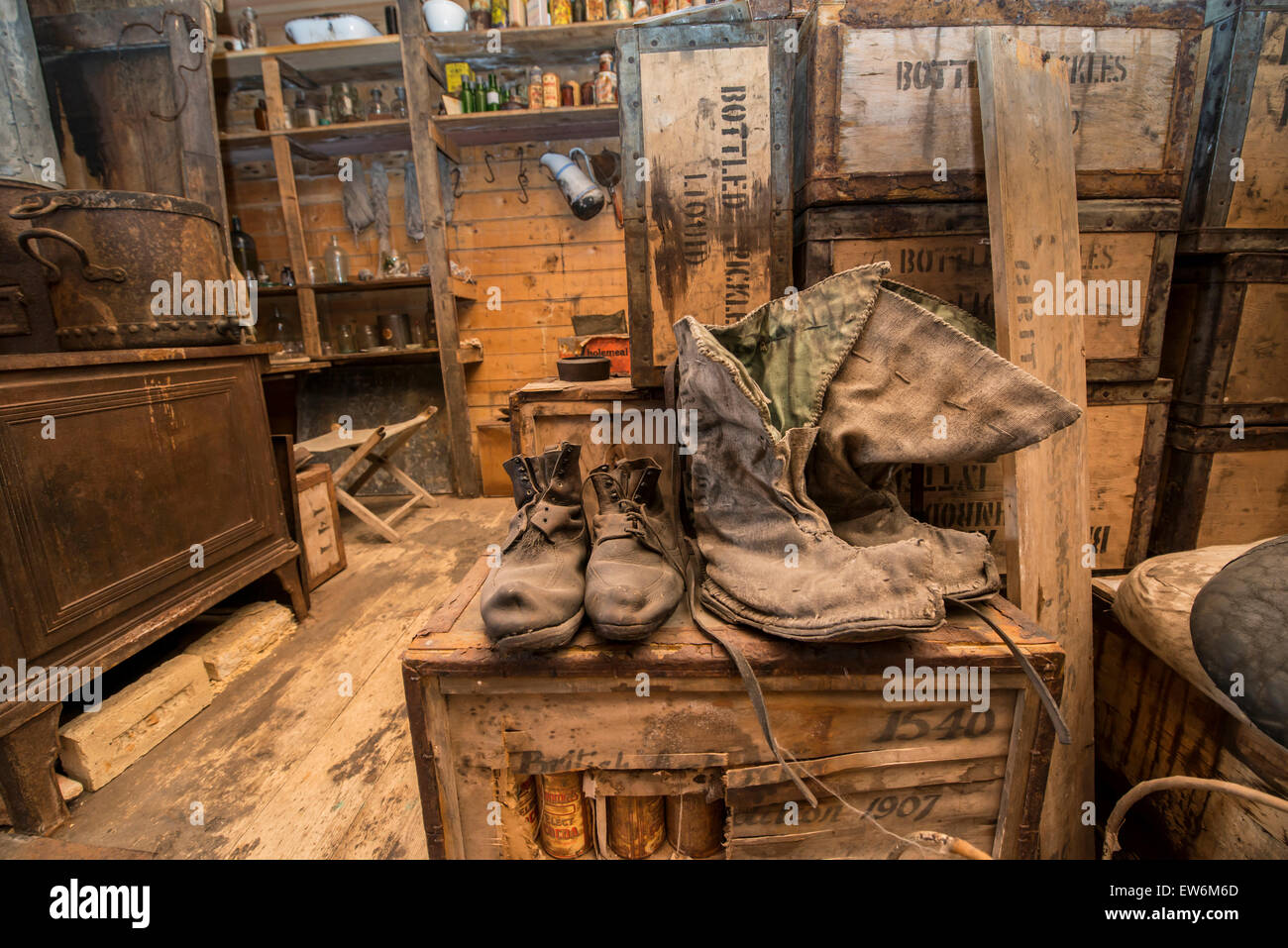 Boots inside Captain Earnest Shackleton's hut at Cape Royds, Antarctica. Stock Photo