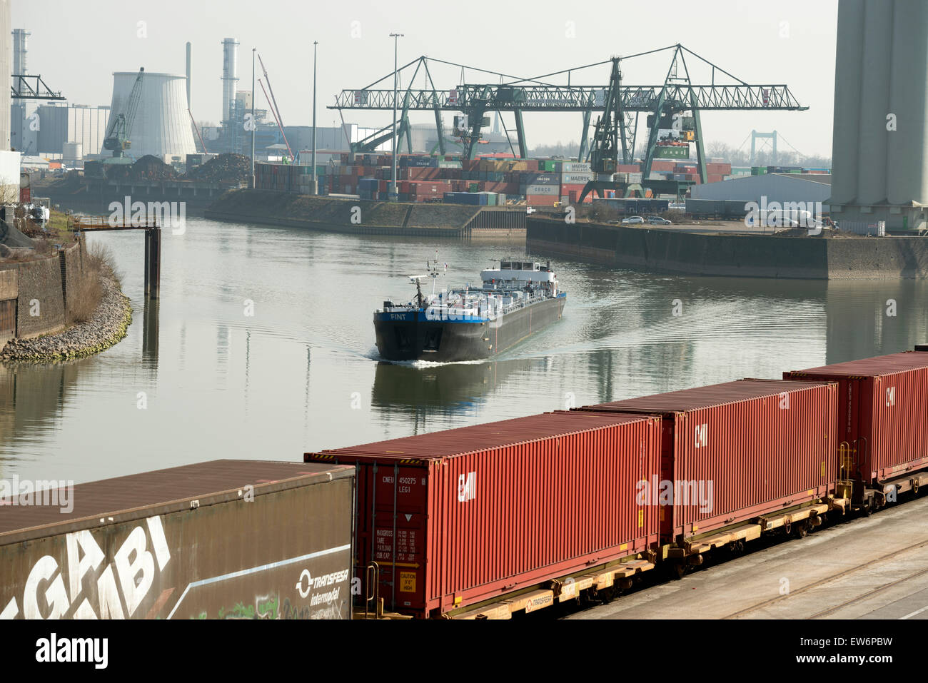 Fint oil tanker barge, Niehl port, Cologne, North Rhine-Westphalia, Germany. Stock Photo